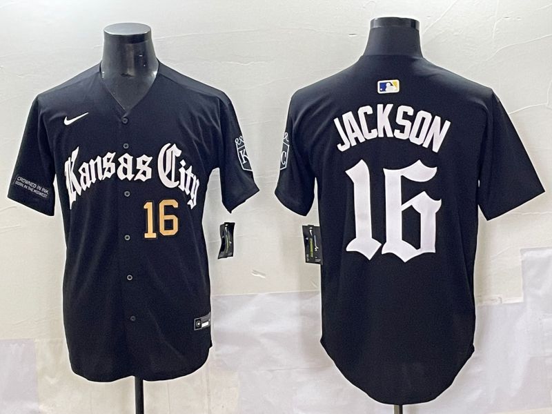 Men 2025 Kansas City Royals #16 Jackson Black Five generations Joint Name Nike MLB Jersey style 4